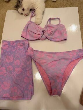 Lavender & Pink Floral Bikini Set with Matching Cover-Up